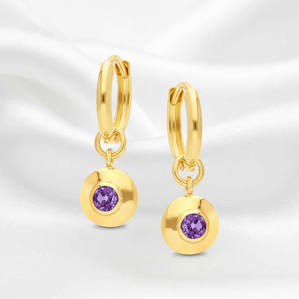 9ct Gold Huggie Earrings with Round Amethyst Disc Drop