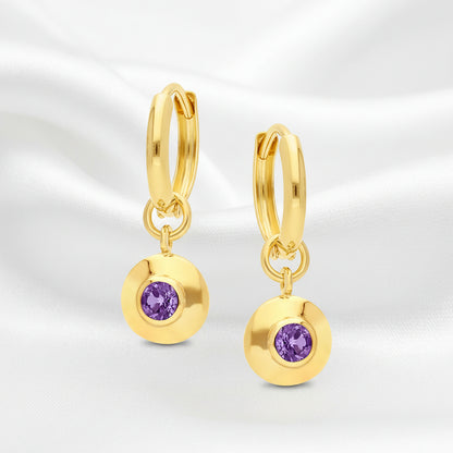 9ct Gold Huggie Earrings with Round Amethyst Disc Drop