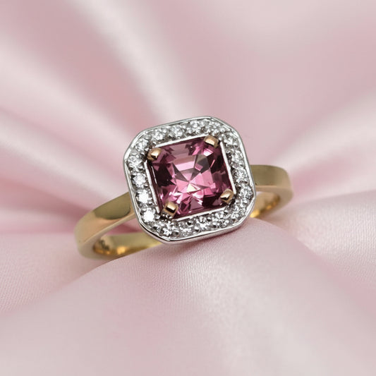 9ct 3 tone Pink Tourmaline Diamond Halo Ring