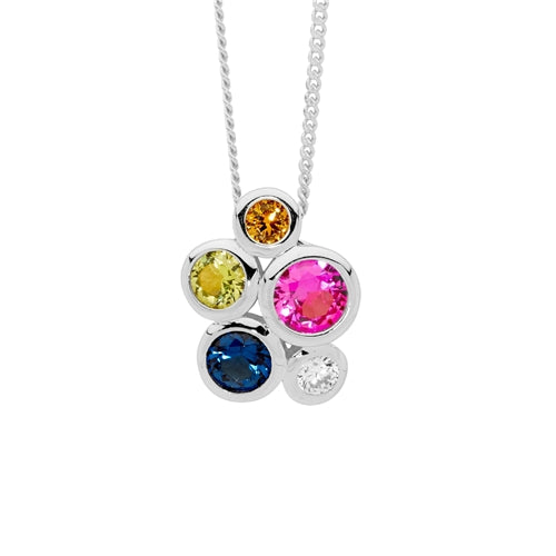 Sterling Silver Bezel Set Multi Colour CZ Cluster Necklace