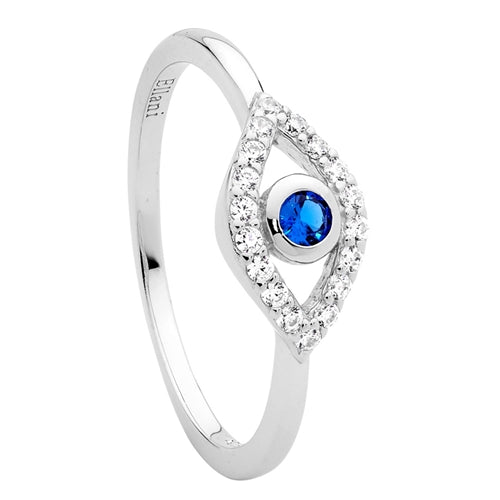 Ellani Sterling Silver Blue CZ Evil Eye Ring - Size 8 (P.5)