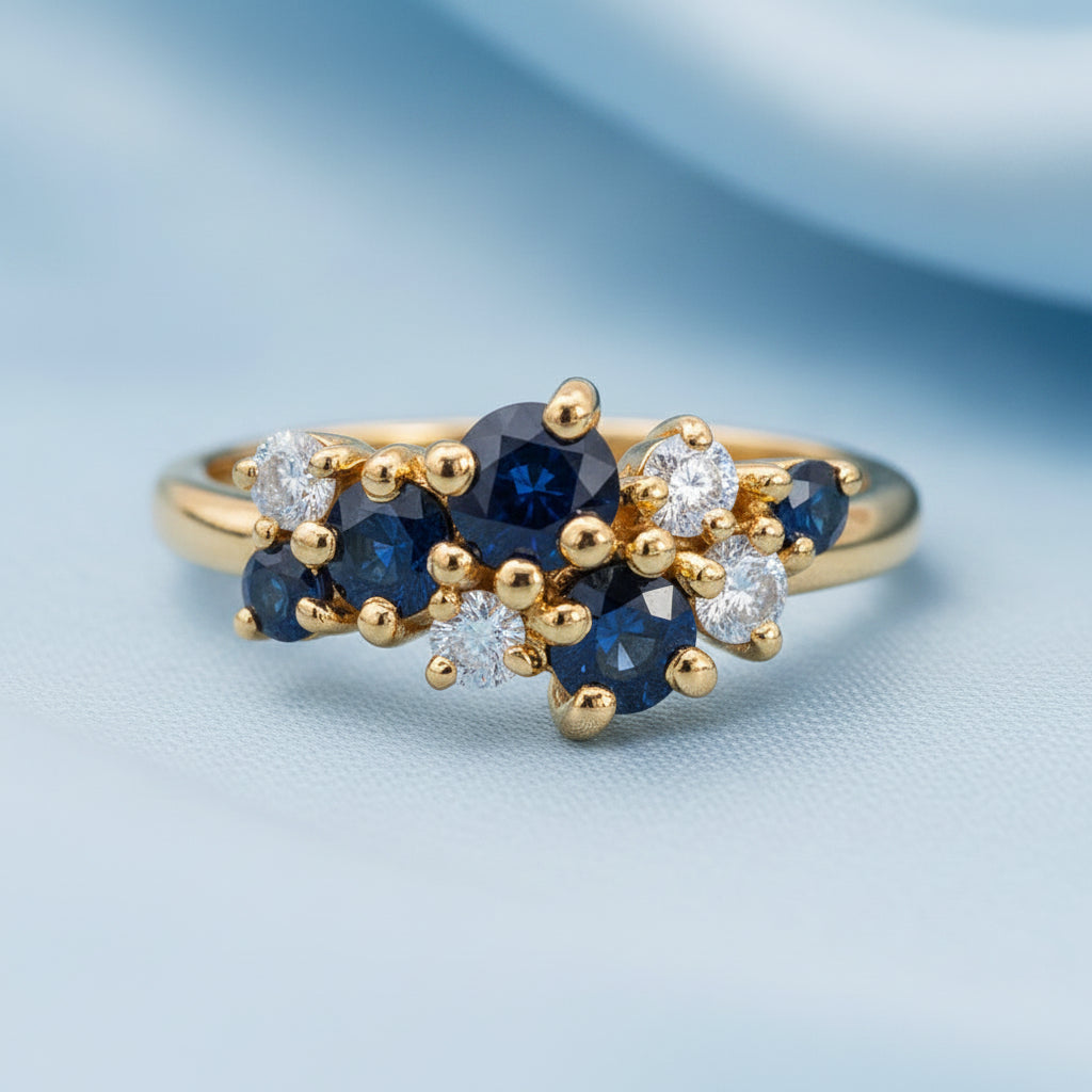 9ct Gold Sapphire & Diamond Cluster Ring - Size N