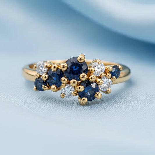 9ct Gold Sapphire & Diamond Cluster Ring - Size N