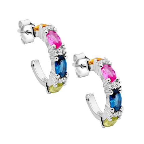 Ellani Multi Colour Oval & Round CZ Half Hoop Stud Earrings