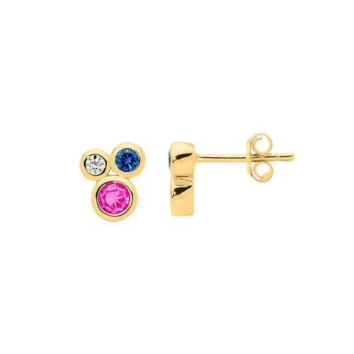 Ellani Sterling Silver Bezel Set Multi Colour Cluster Stud Earrings - Gold
