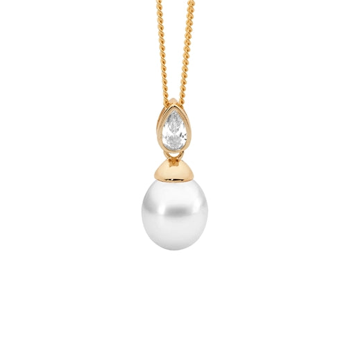 Ellani Sterling Silver Necklace with FWP & Pear CZ Pendant - Gold