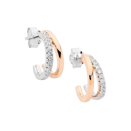 Ellani Sterling Silver CZ Split Half Hoop Stud Earrings - RGP
