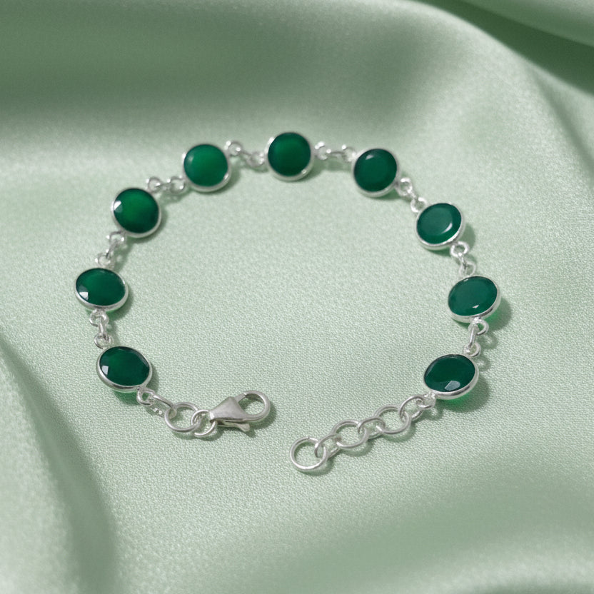 Sterling Silver Round Green Onyx Bracelet