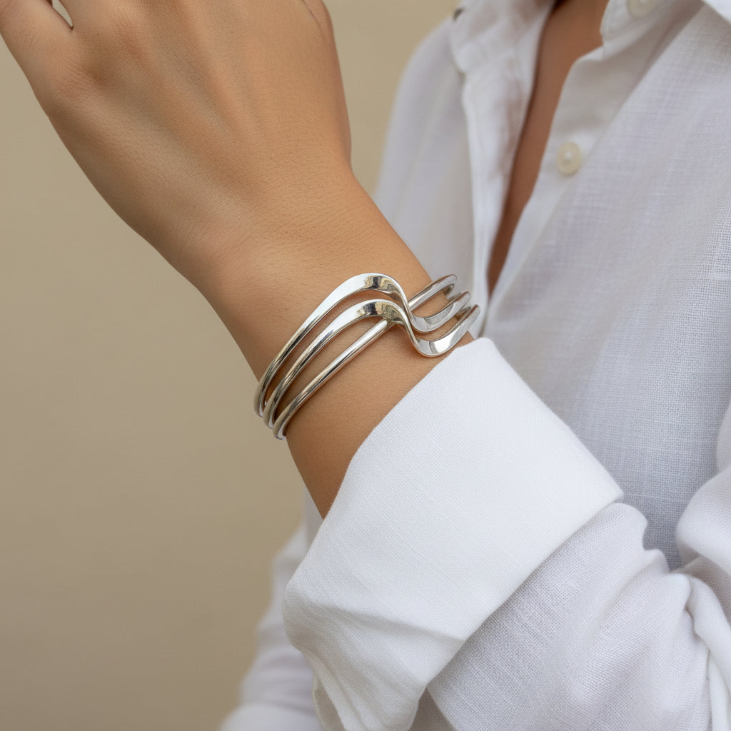 Sterling Silver Double Wave Crossover Cuff Bangle