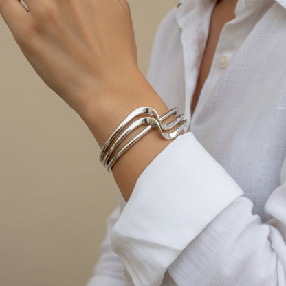 Sterling Silver Double Wave Crossover Cuff Bangle