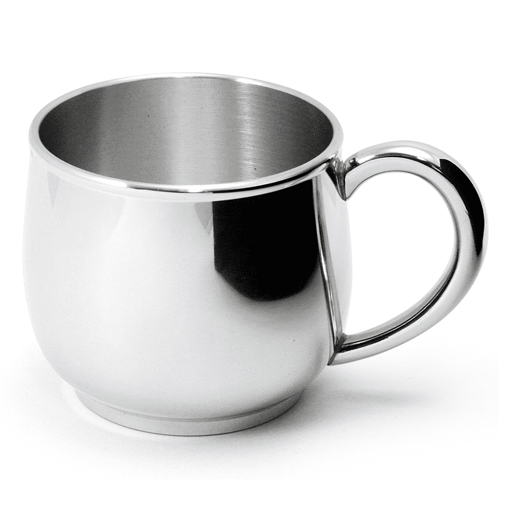 Royal Selangor pewter baby mug with rounded shape.