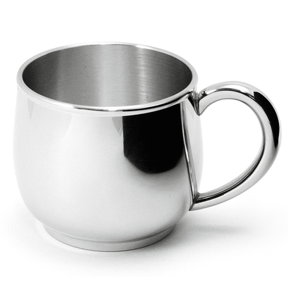 Royal Selangor pewter baby mug with rounded shape.