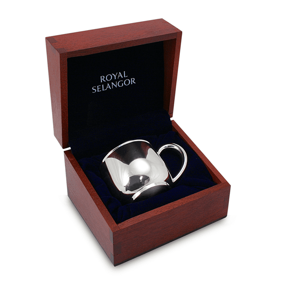 Royal Selangor pewter baby mug presented in a wooden gift box.