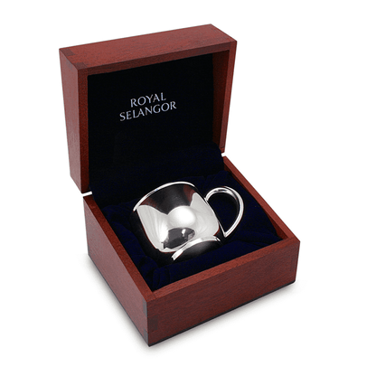Royal Selangor pewter baby mug presented in a wooden gift box.