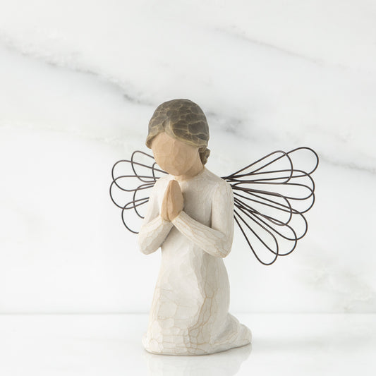 Willow Tree 'Angel of Prayer' Figurine shows an angel on their knees, with hands together as if praying. Figurine Height Approx: 11cm.