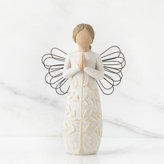 Willow tree angel figurine 'A Tree, A Prayer' showing a faceless figure with hands joined as if in prayer, and wire wings. Includes counter card which reads 'May you find strength, beauty & peace each day'. Figurine Height Approx: 13cm.
