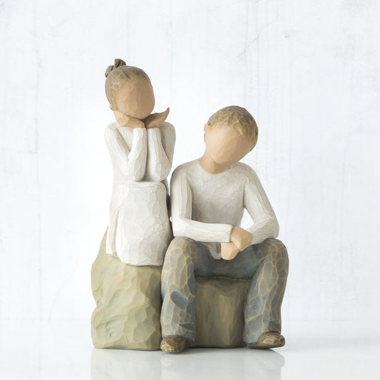 Willow Tree 'Brother and Sister' Figurine. This figurine shows a boy seated his sister sitting slightly higher than him to his side. H140mm x W95mm.