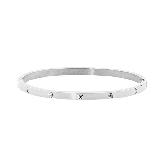 Ellani stainless steel oval hinged bangle, set with five cubic zirconia along the bangle. Width: 4mm, inside diameter: 62mm x 52mm.