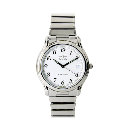 Adina brand silver everyday classic ladies watch with a white dial and black full numbers, date function at 3 o'clock, and a stainless steel flex band.