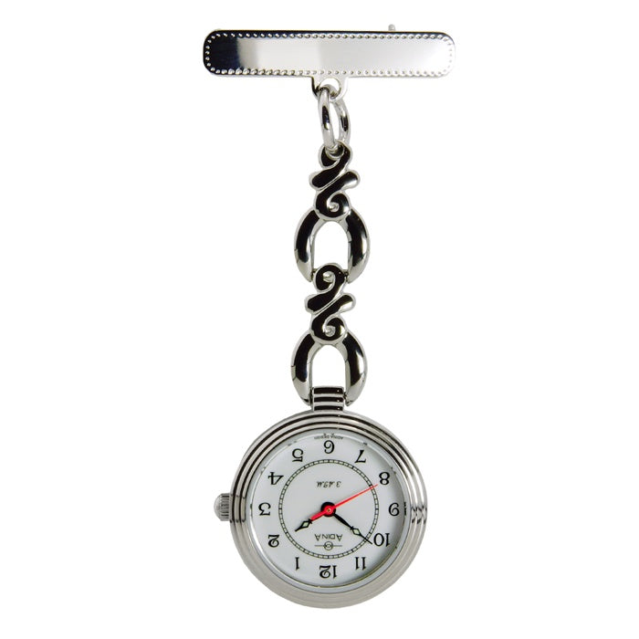 Silver fob watch with white dial and black numbers, and stainless steel a name plate.
