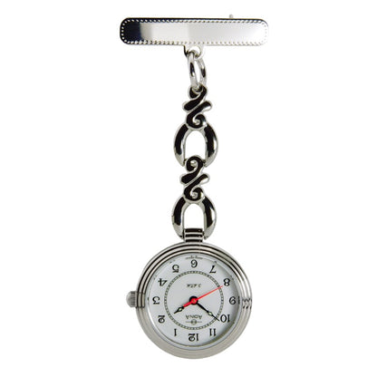 Silver fob watch with white dial and black numbers, and stainless steel a name plate.