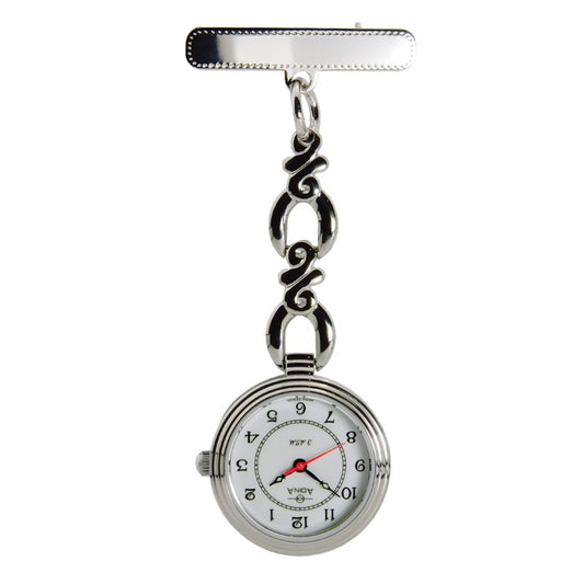 Silver fob watch with white dial and black numbers, and stainless steel a name plate.