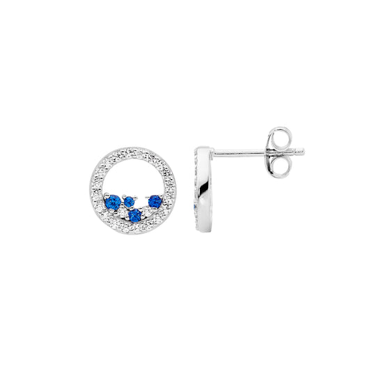 Ellani 10mm Open Circle CZ Scattered Stud Earrings - Blue & White