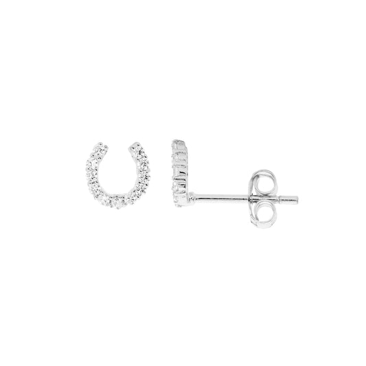 Ellani Sterling Silver Small Horse Shoe CZ Stud Earrings