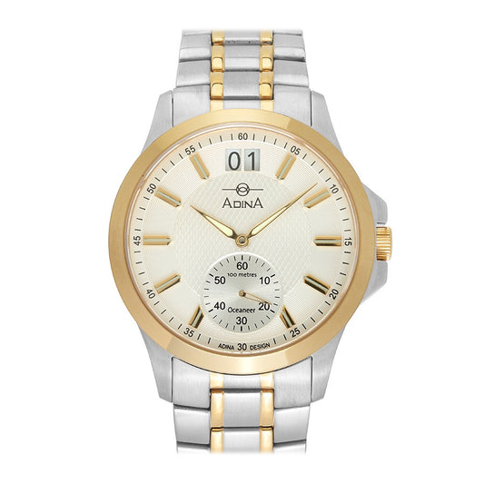 "Adina GW14 Oceaneer" silver and gold watch, with a white dial, gold time points, and hands. The watch face is currounded by a gold border, adn the silver metal band features two striped of gold around it. There is a large date function feature at the 12 O'clock.