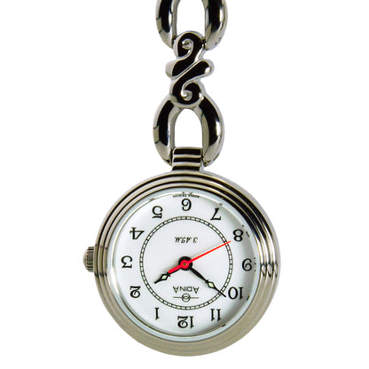 Silver fob watch with white dial and black numbers.