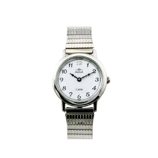 Adina brand silver everyday classic ladies watch with a white dial and black full numbers, and a stainless steel flex band.