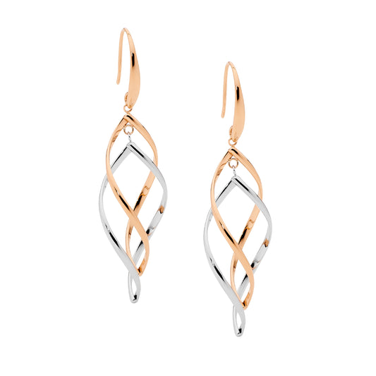 Ellani S/Steel Double Open Twist Drop Earrings - Rose Gold
