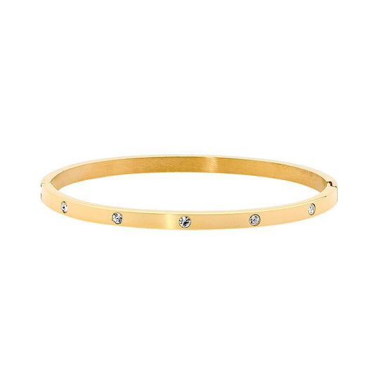 Ellani gold plated stainless steel oval hinged bangle, set with five cubic zirconia along the bangle. Width: 4mm, inside diameter: 62mm x 52mm.