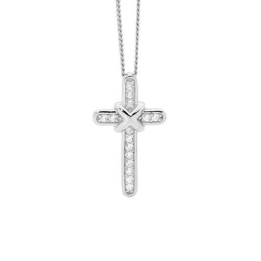 Ellani sterling silver cross pendant with cross over feature, set with cubic zirconia. 45cm chain included.